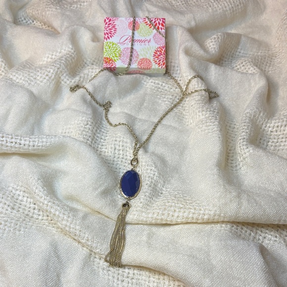 Premier Designs "CECE" Double-Sided Teal Blue Pendant Necklace NWT Gold Tone - Picture 6 of 12